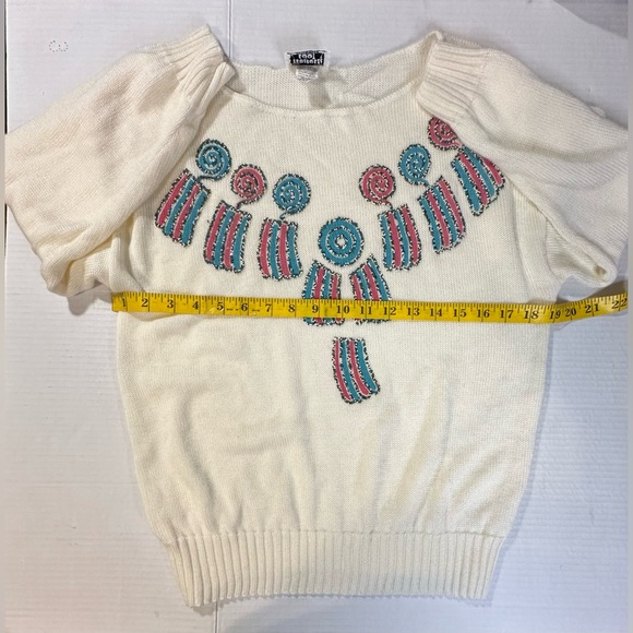 Vintage Kenneth Too Ivory Aztec Pullover Sweater Turquoise Embellished Sz S/M - Picture 5 of 12